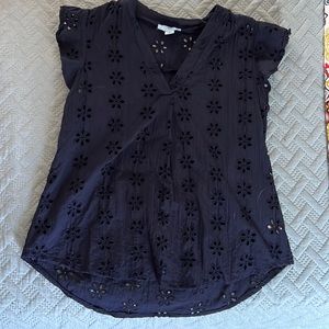 Eyelet navy blouse with vneck